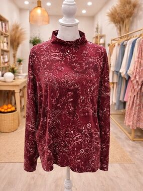 Lands’ End Relaxed Fit Paisley Top Size Large Long Sleeve Burgundy Soft Casual